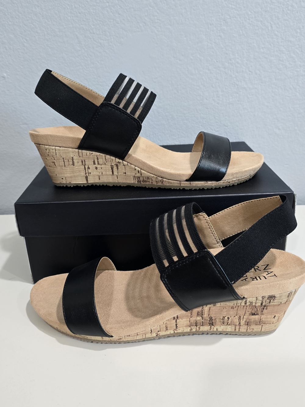 Naturalizer Black Cork Wedge Sandals with Elastic Back